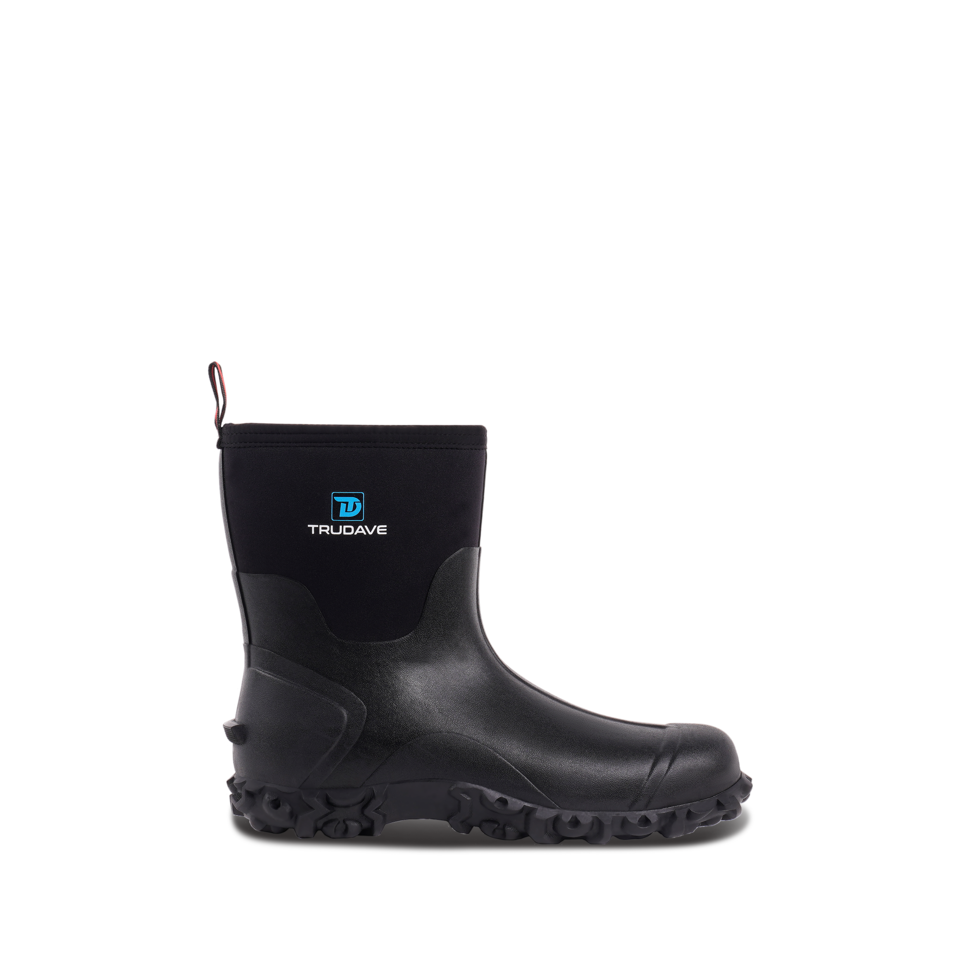 alt="Side view of Trudave AquaGrip Series men’s waterproof mid-calf rubber work boots in black – durable non-slip design for gardening, farming, and rainy outdoor conditions"